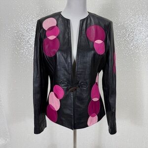 Belle Sport Genuine Leather Black Jacket Pink Circle Appliqué Toggle Front Med